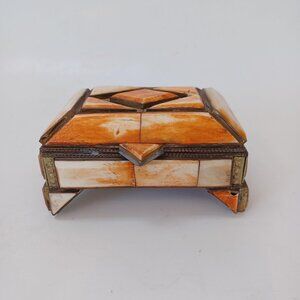 Vintage Moroccan Camel Bone & Brass Inlaid Trinket Jewelry Box Felt Lined
